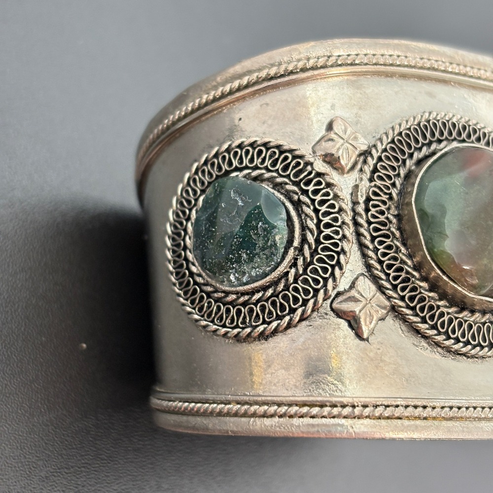 Unbranded Women Cuff Bracelet OS Silver Green‎ Moss Agate Filigree Vintage Style - Picture 5 of 13